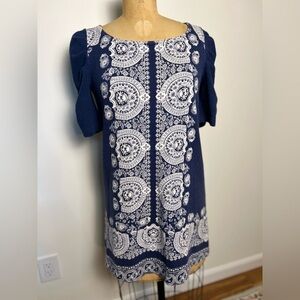 Anthropologie blue and white print puff sleeve dress size small